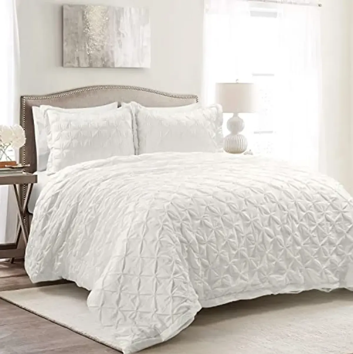 Lush Decor Ravello Pintuck Duvet Cover Set - Luxe 3 Piece Textured Oversized Bedding Set - Traditional Glam & Farmhouse Inspired Bedroom Decor - Full/ Queen, White