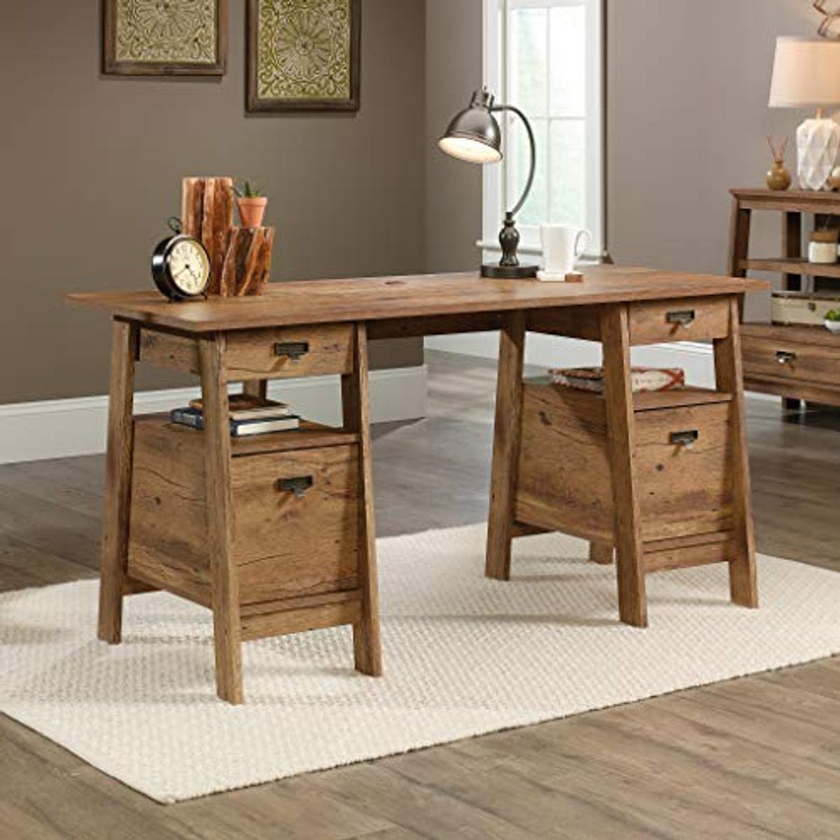 Sauder Trestle Executive Trestle Desk, Vintage Oak Finish & Palladia Library with Doors, Vintage Oak Finish