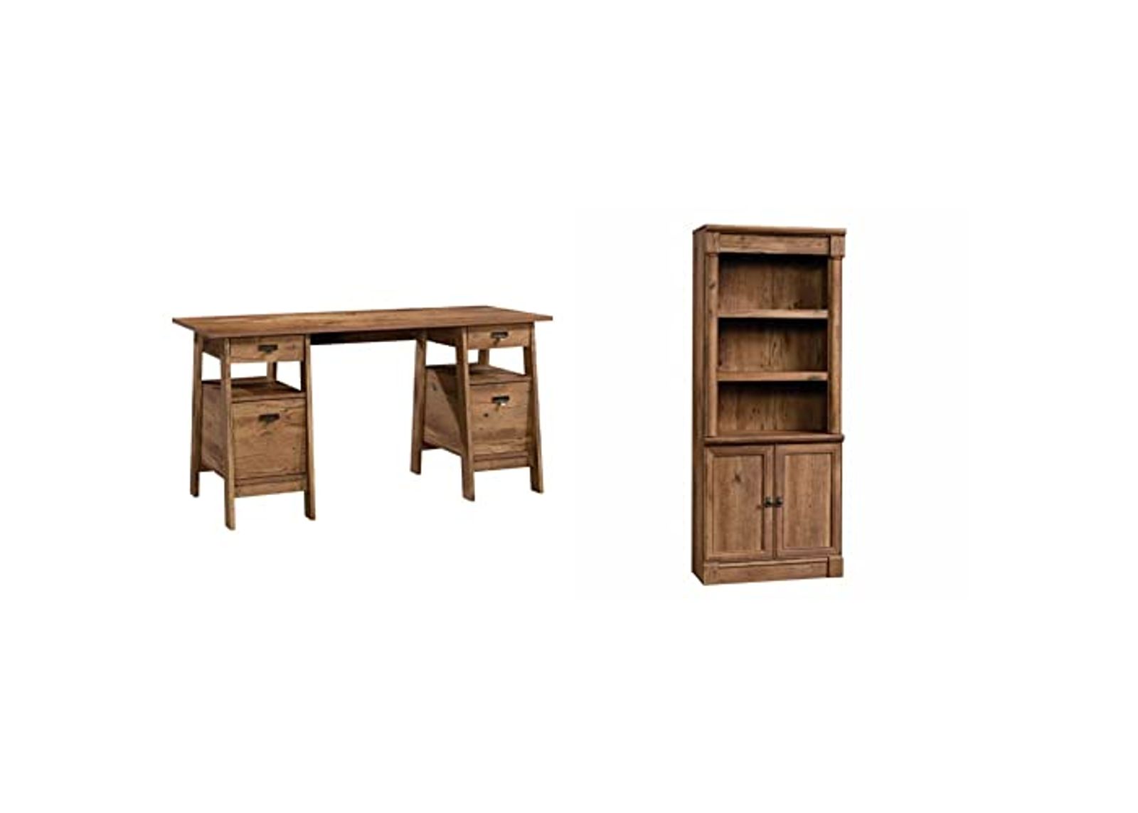 Sauder Trestle Executive Trestle Desk, Vintage Oak Finish & Palladia Library with Doors, Vintage Oak Finish