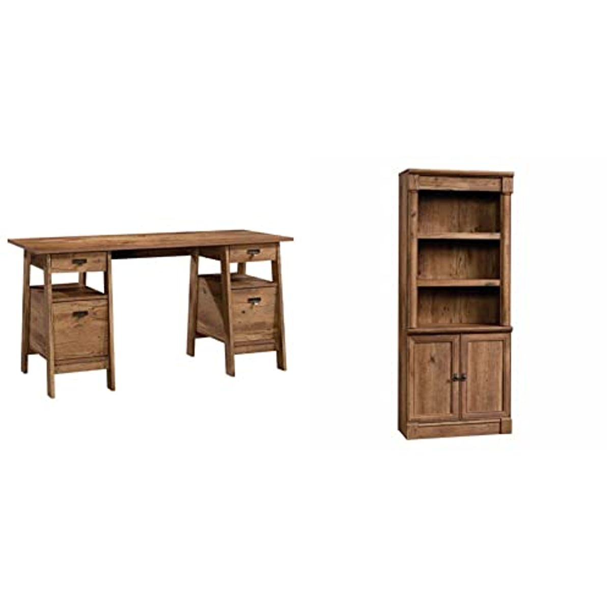 Sauder Trestle Executive Trestle Desk, Vintage Oak Finish & Palladia Library with Doors, Vintage Oak Finish