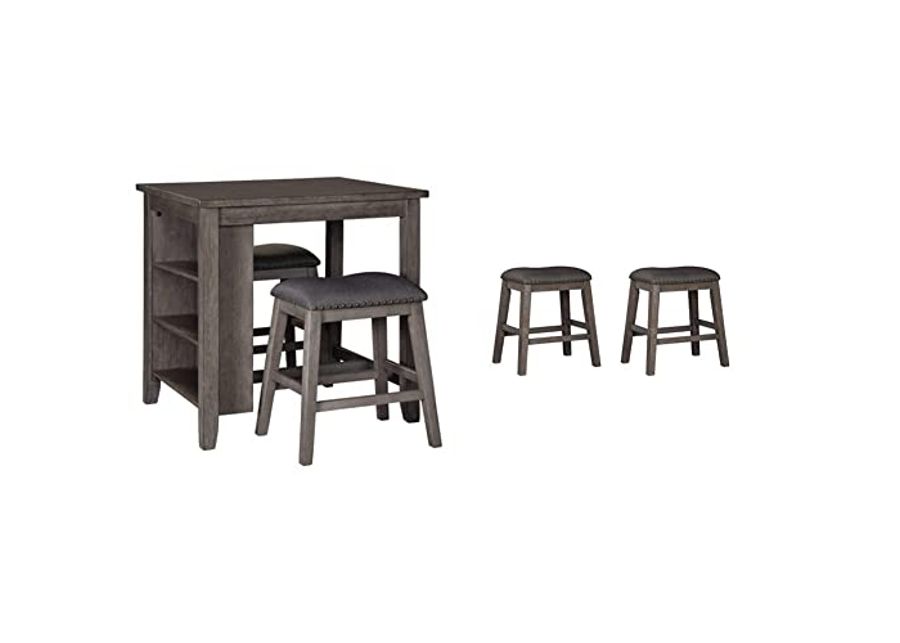 Signature Design by Ashley Caitbrook 25" Counter Height Dining Set with 2 Saddle Barstools & Storage, Gray