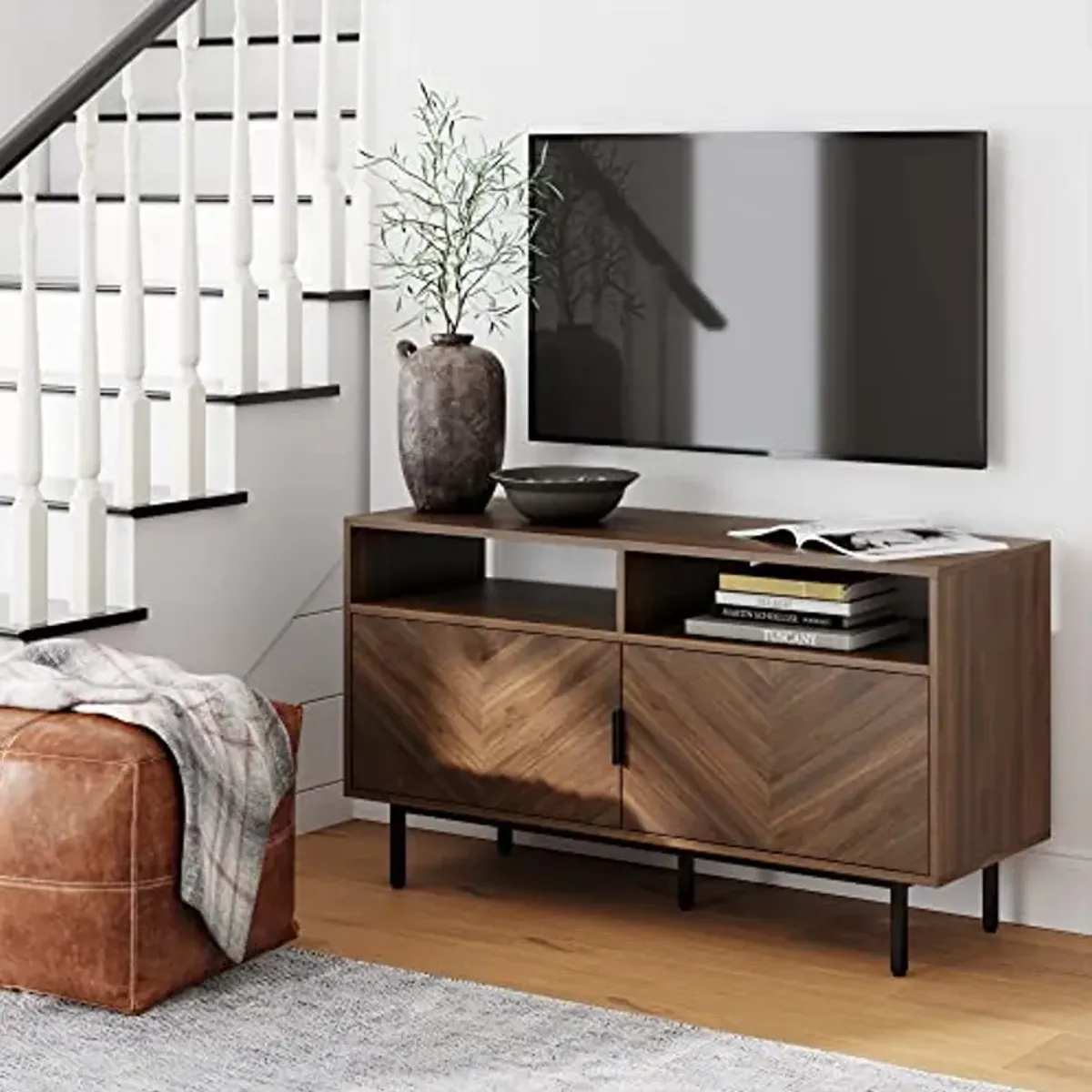 Nathan James Izsak Wood Media Console, TV Stand, Entertainment Cabinet with Herringbone Doors and Cubby Storage in a Rustic Dark Finish for Living, Dining Room or Entryway, Walnut Brown/Black