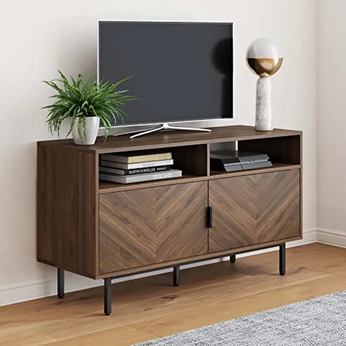 Nathan James Izsak Wood Media Console, TV Stand, Entertainment Cabinet with Herringbone Doors and Cubby Storage in a Rustic Dark Finish for Living, Dining Room or Entryway, Walnut Brown/Black