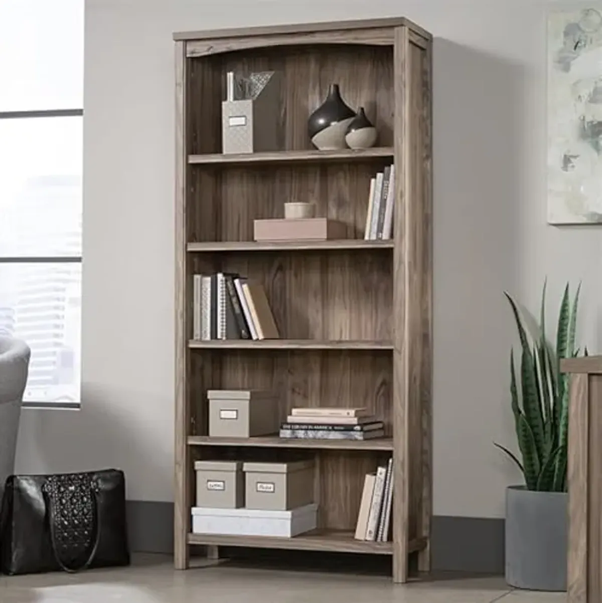 Worksense by Sauder Woodburn 5-Shelf Display Bookcase in Washed Walnut, Washed Walnut Finish