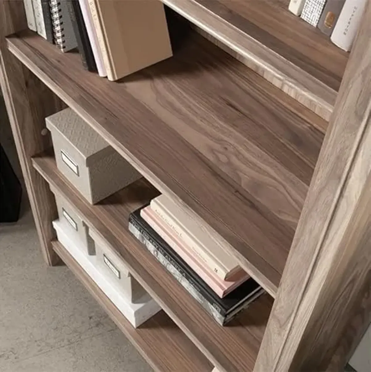 Worksense by Sauder Woodburn 5-Shelf Display Bookcase in Washed Walnut, Washed Walnut Finish