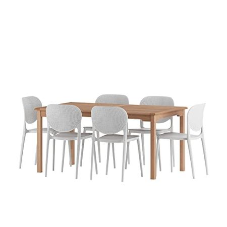 Amazonia Patio Amazonia Piece Teak Wood Outdoor Dining Set WT, Table: Light Brown Chair: White