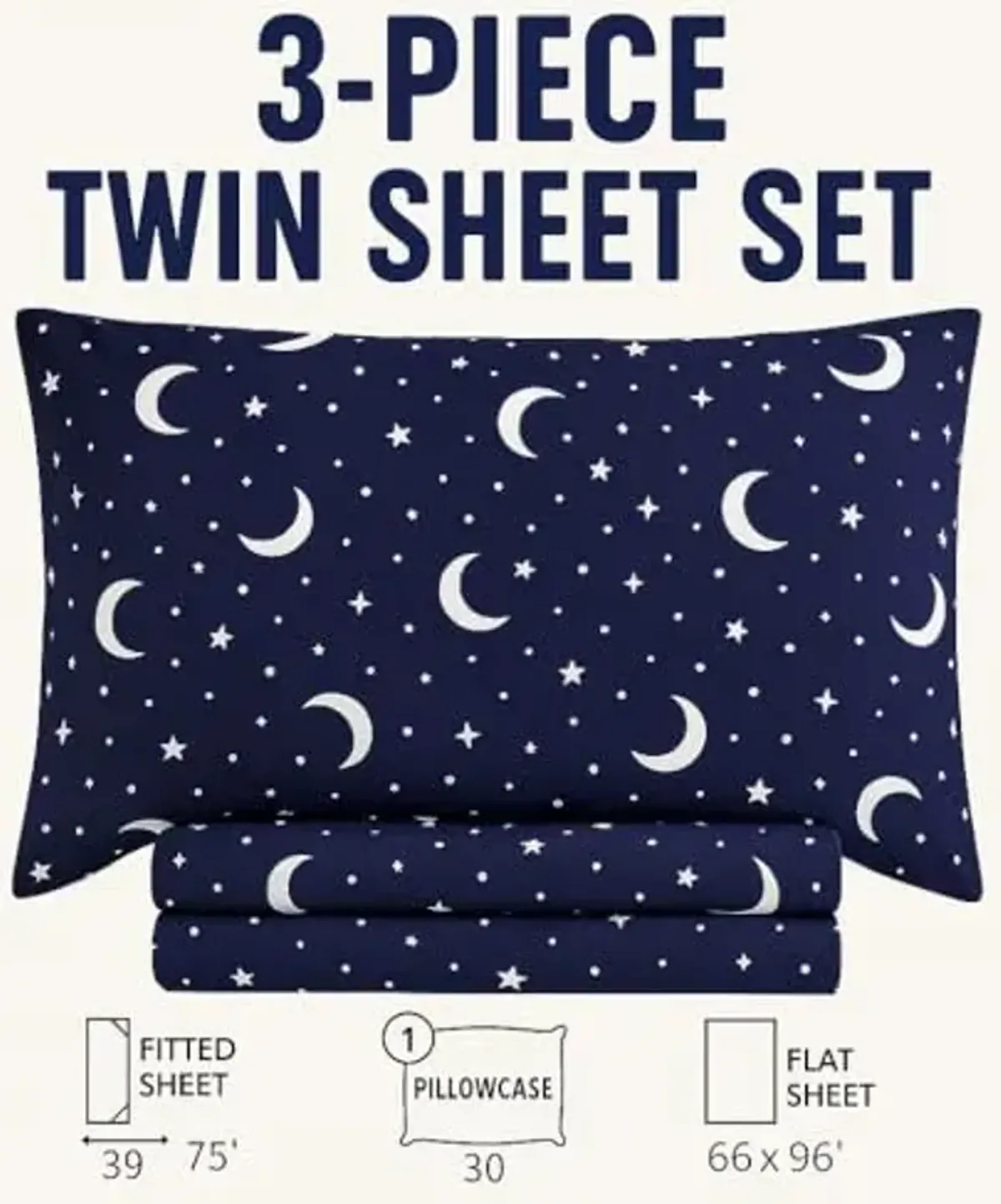 Heritage Kids 3-Piece Twin Sheet Set - Constellation Print Bedding with Top Sheet, Fitted Sheet & Pillowcase – Soft Microfiber Sheets for Boys or Girls, Navy Blue – Cozy & Machine Washable