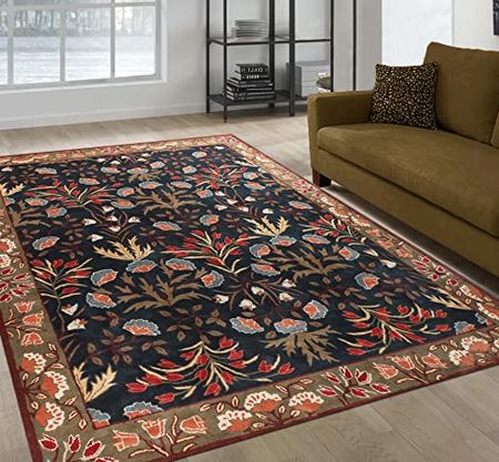Tulips Adeline Floral Traditional Oriental Old Antique Style 100% Woolen Area USA Rug & Carpets (9' x 12', D. Blue)