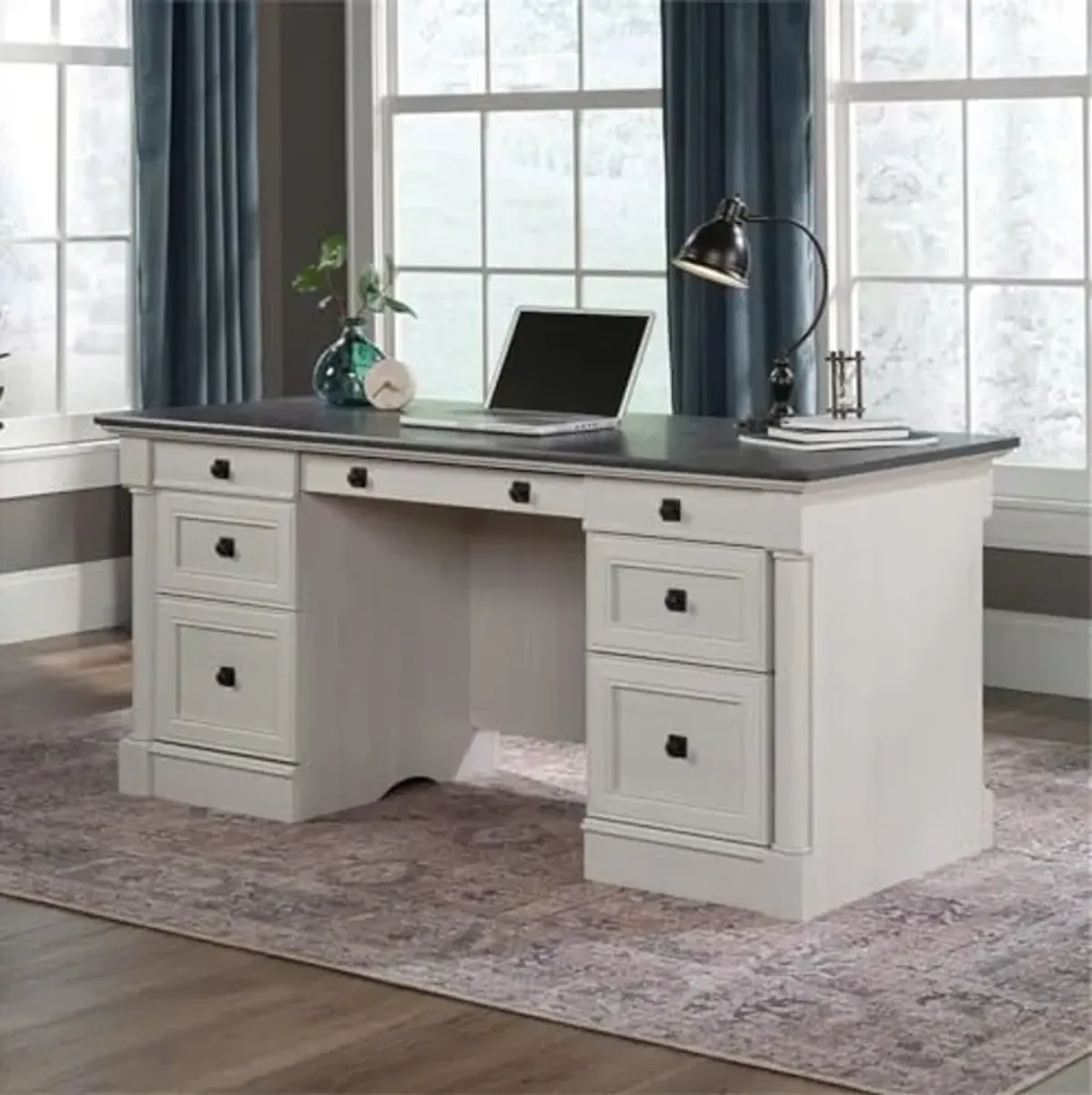 Sauder Palladia Office Desk with Drawers, Executive Desk with File Cabinet Storage, Cable Management, Keyboard Tray, in Glacier Oak Finish