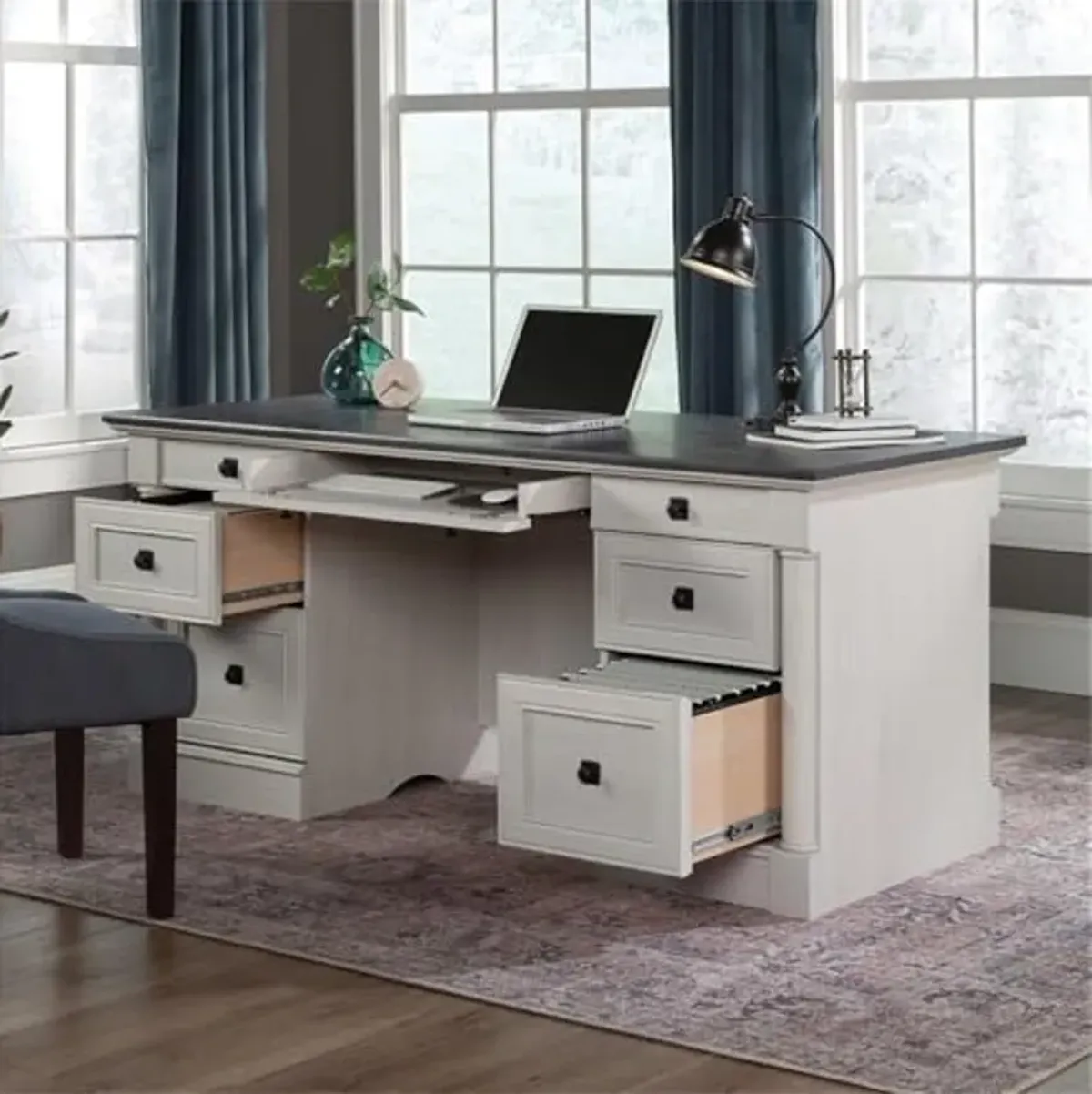 Sauder Palladia Office Desk with Drawers, Executive Desk with File Cabinet Storage, Cable Management, Keyboard Tray, in Glacier Oak Finish