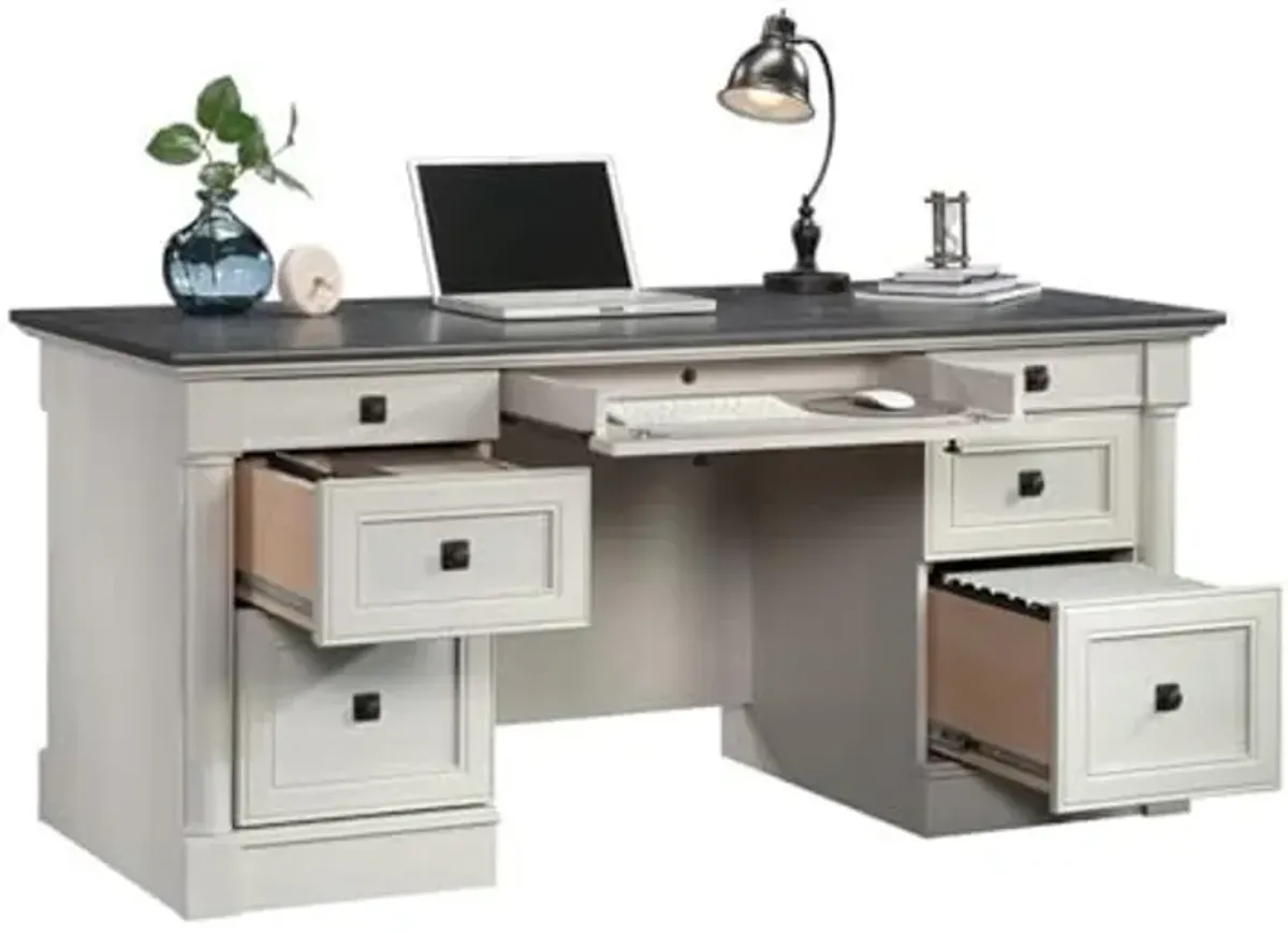 Sauder Palladia Office Desk with Drawers, Executive Desk with File Cabinet Storage, Cable Management, Keyboard Tray, in Glacier Oak Finish