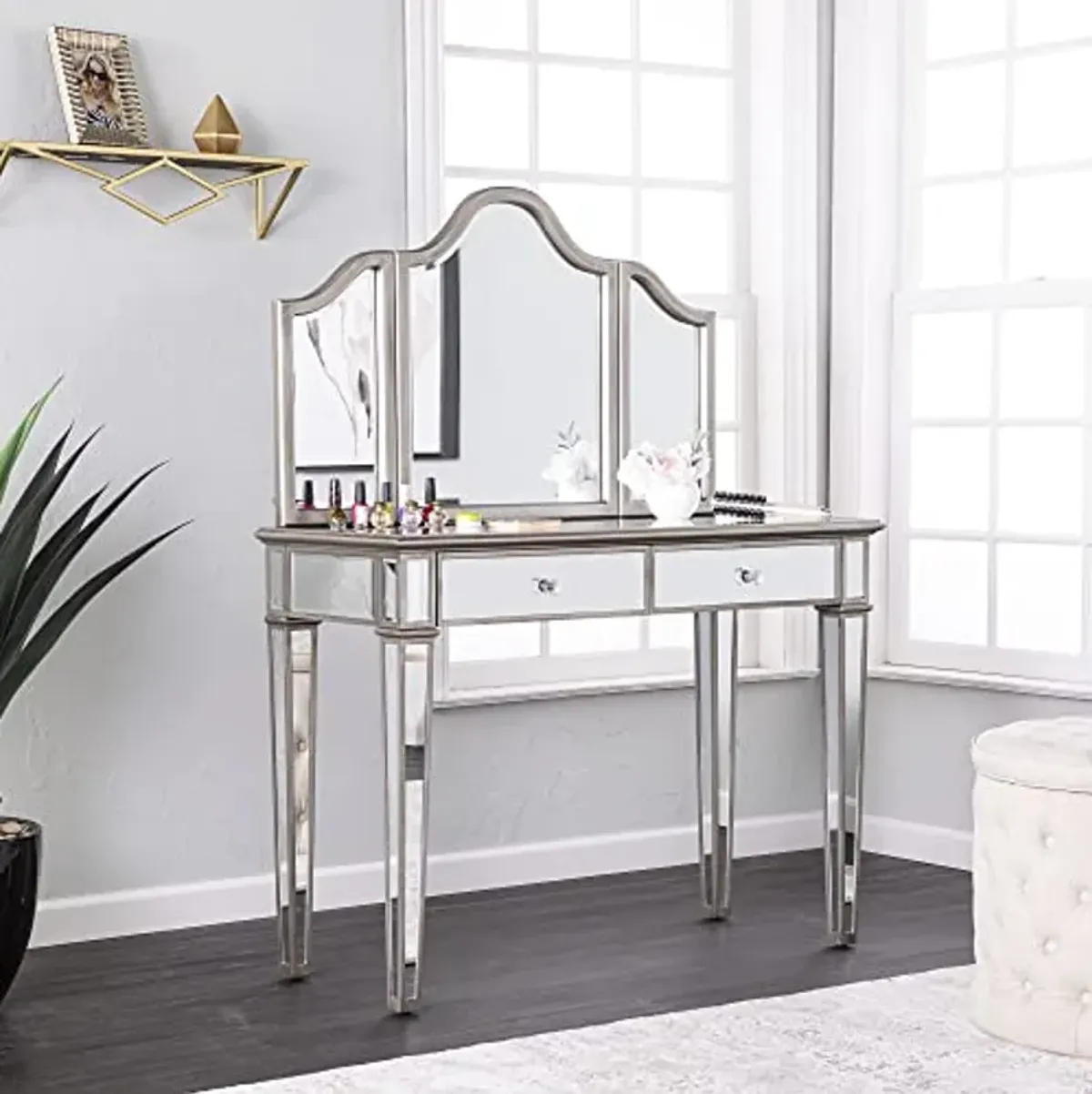 SEI Furniture Kalla Mirrored Vanity Set w/Storage – 2pc, Silver