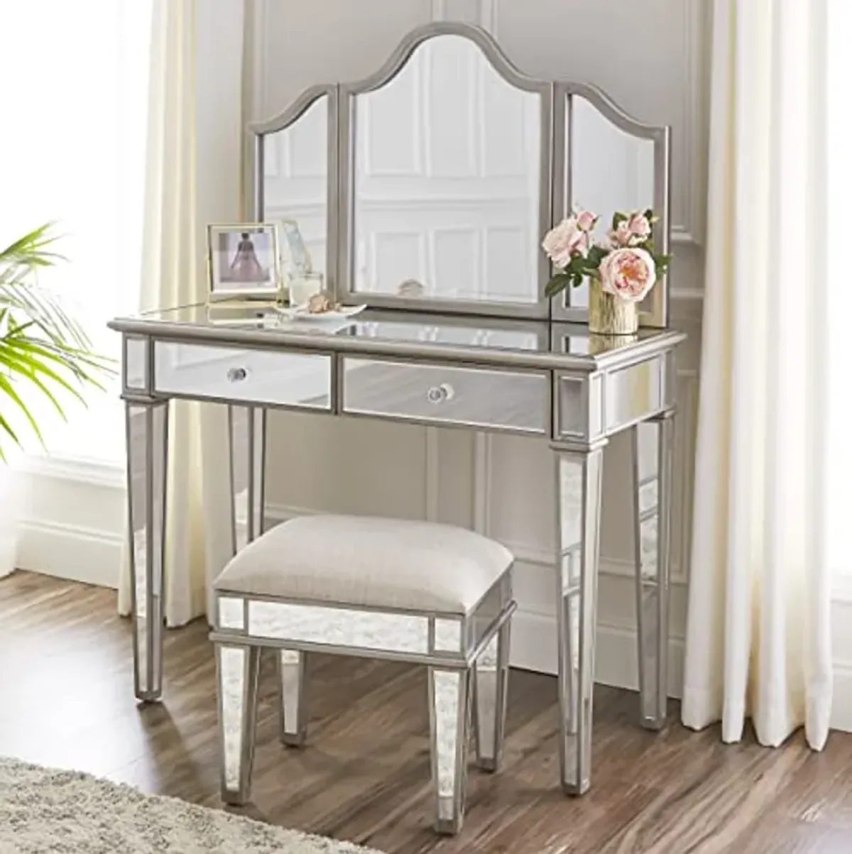 SEI Furniture Kalla Mirrored Vanity Set w/Storage – 2pc, Silver