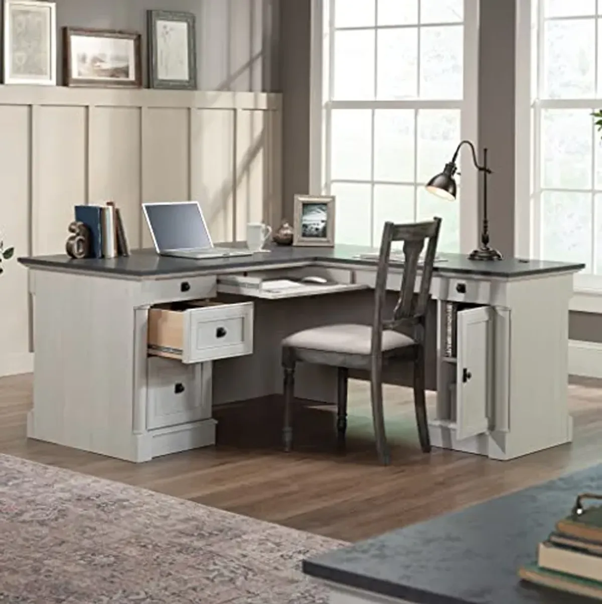 Sauder Palladia L Shaped Desk with Drawers, Office Desk with File Cabinet Storage, Cable Management, Keyboard Tray, in Glacier Oak Finish