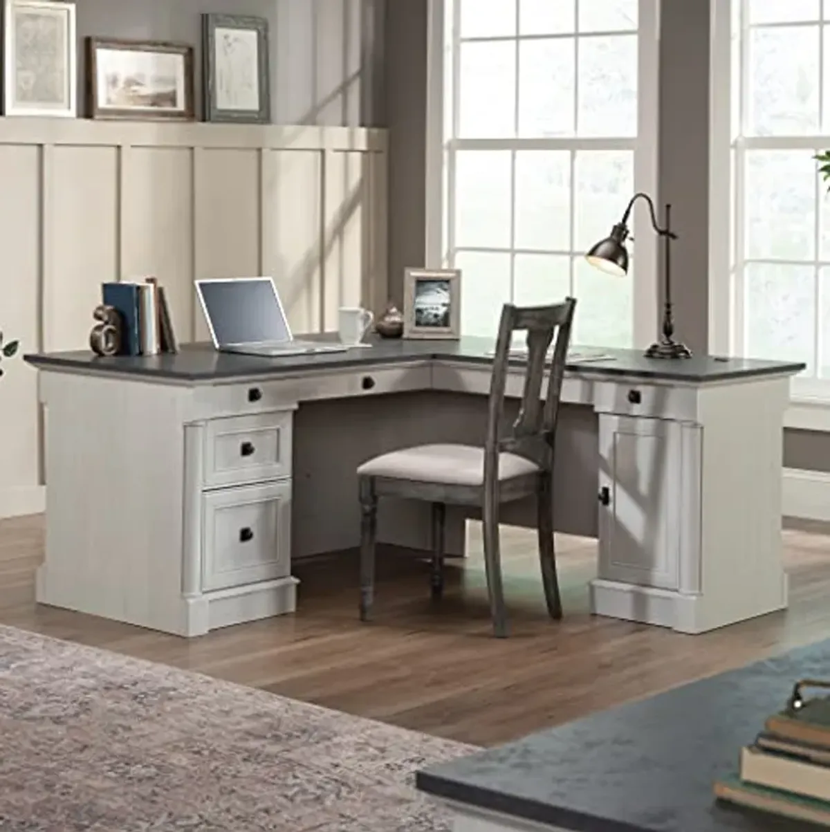 Sauder Palladia L Shaped Desk with Drawers, Office Desk with File Cabinet Storage, Cable Management, Keyboard Tray, in Glacier Oak Finish