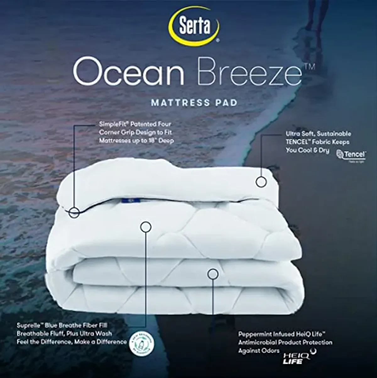 Serta Ocean Breeze Elastic Fitted Breathable Pillow Top Mattress Pad Protector with Sustainable Fiber Fill and Tencel Cover for All Season, King, White