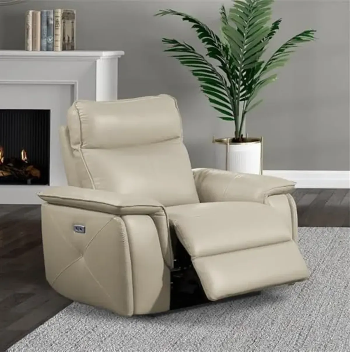 Lexicon Maroni Wood & Leather Power Reclining Chair with Power Headrest in Beige