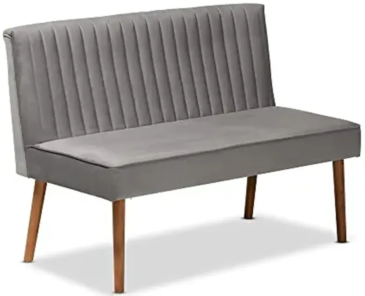 Baxton Studio Alvis Mid-Century Modern Grey Velvet Upholstered and Walnut Brown Finished Wood 2-Piece Dining Nook Banquette Set