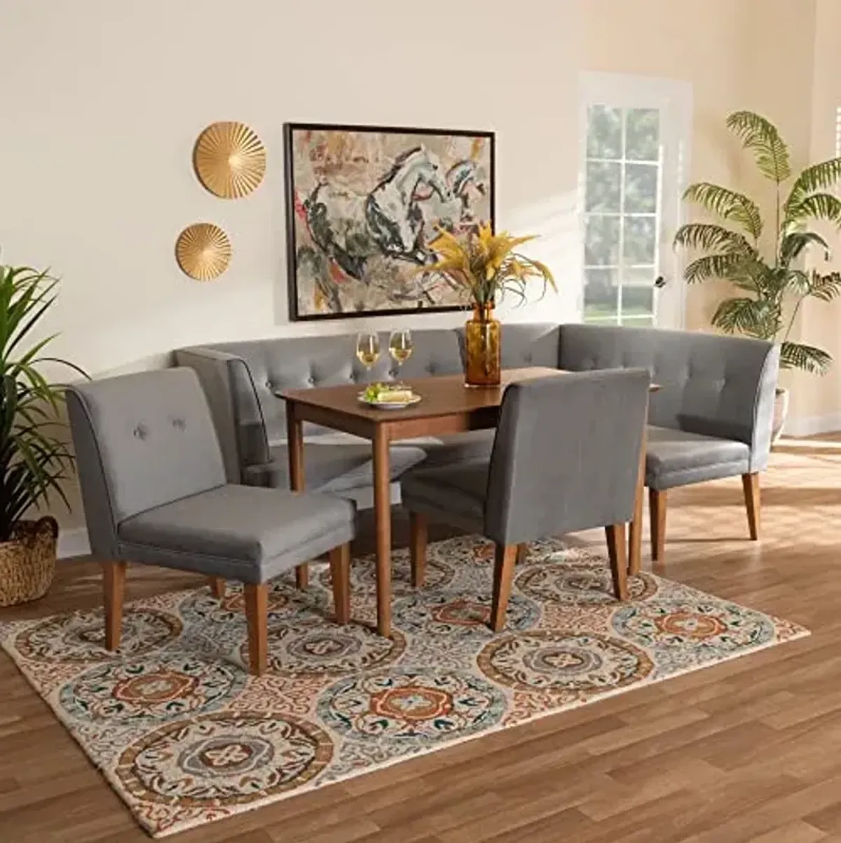 Baxton Studio Stewart Dining Nook Set Grey Velvet Upholstered and Walnut Brown Finished Wood 5-Piece Dining Set