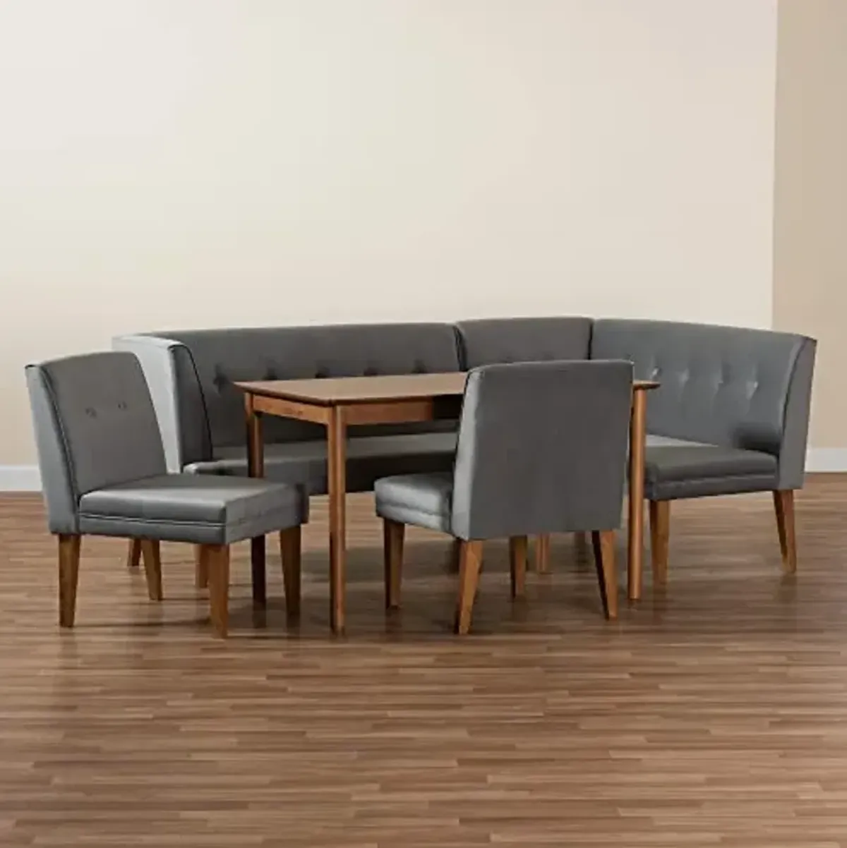 Baxton Studio Stewart Dining Nook Set Grey Velvet Upholstered and Walnut Brown Finished Wood 5-Piece Dining Set