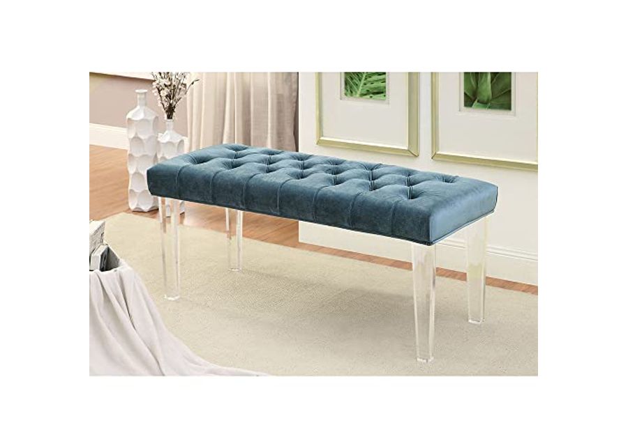 Wayborn Contemporary Flannelette Blue Mahony Bench with Clear Acrylic Legs W48″ x H20″ x D18″ Assembly Required