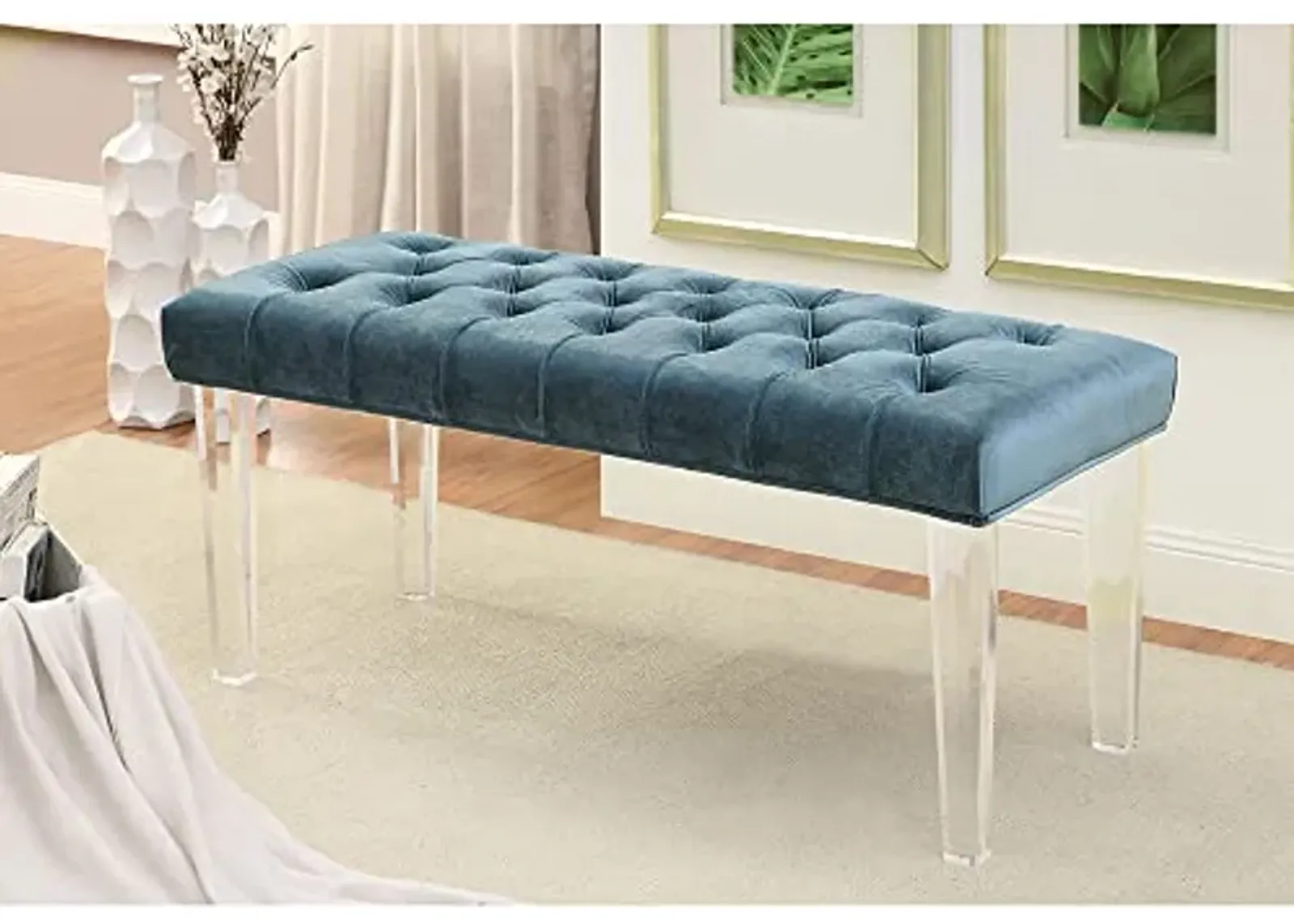 Wayborn Contemporary Flannelette Blue Mahony Bench with Clear Acrylic Legs W48″ x H20″ x D18″ Assembly Required