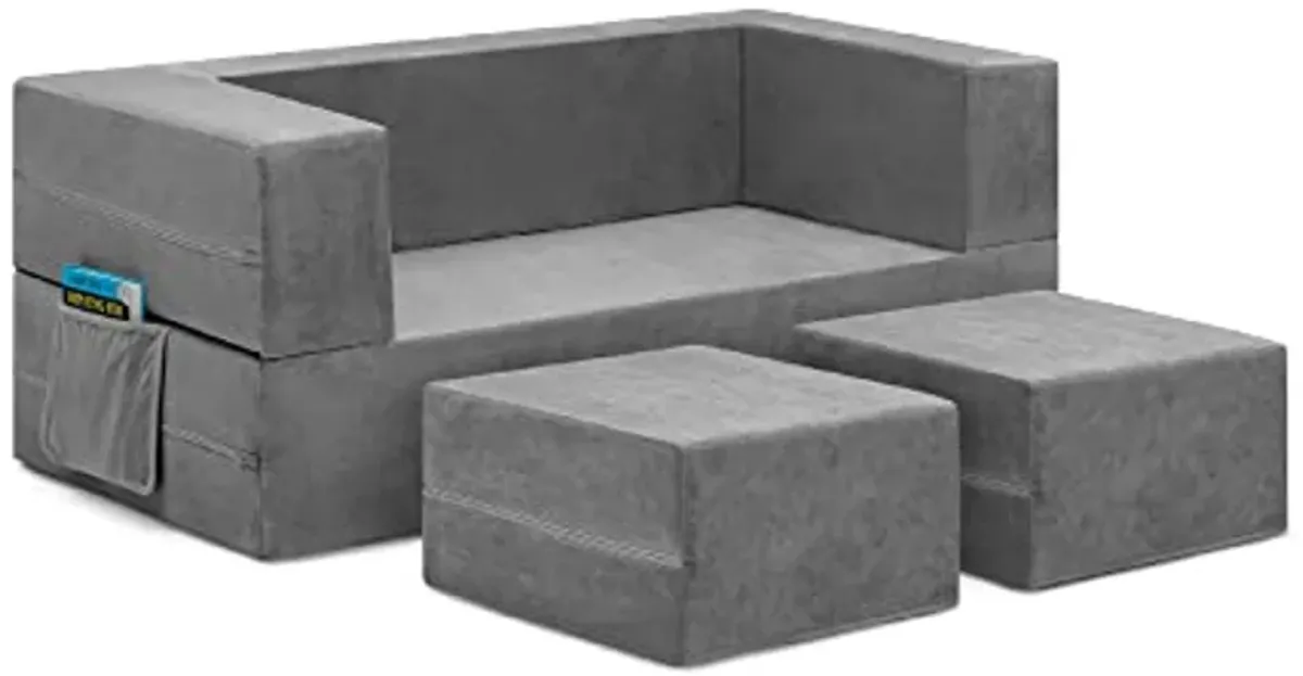 Delta Children Convertible Sofa and Play Set for Kids and Toddlers Modular Foam Couch and Flip Out Lounger with 2 Ottomans, Grey