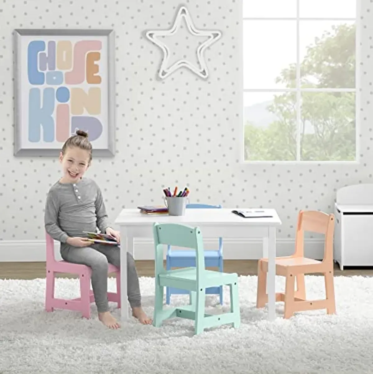 Delta Children MySize Kids Table with 4 Chairs, Bianca White/Pastel