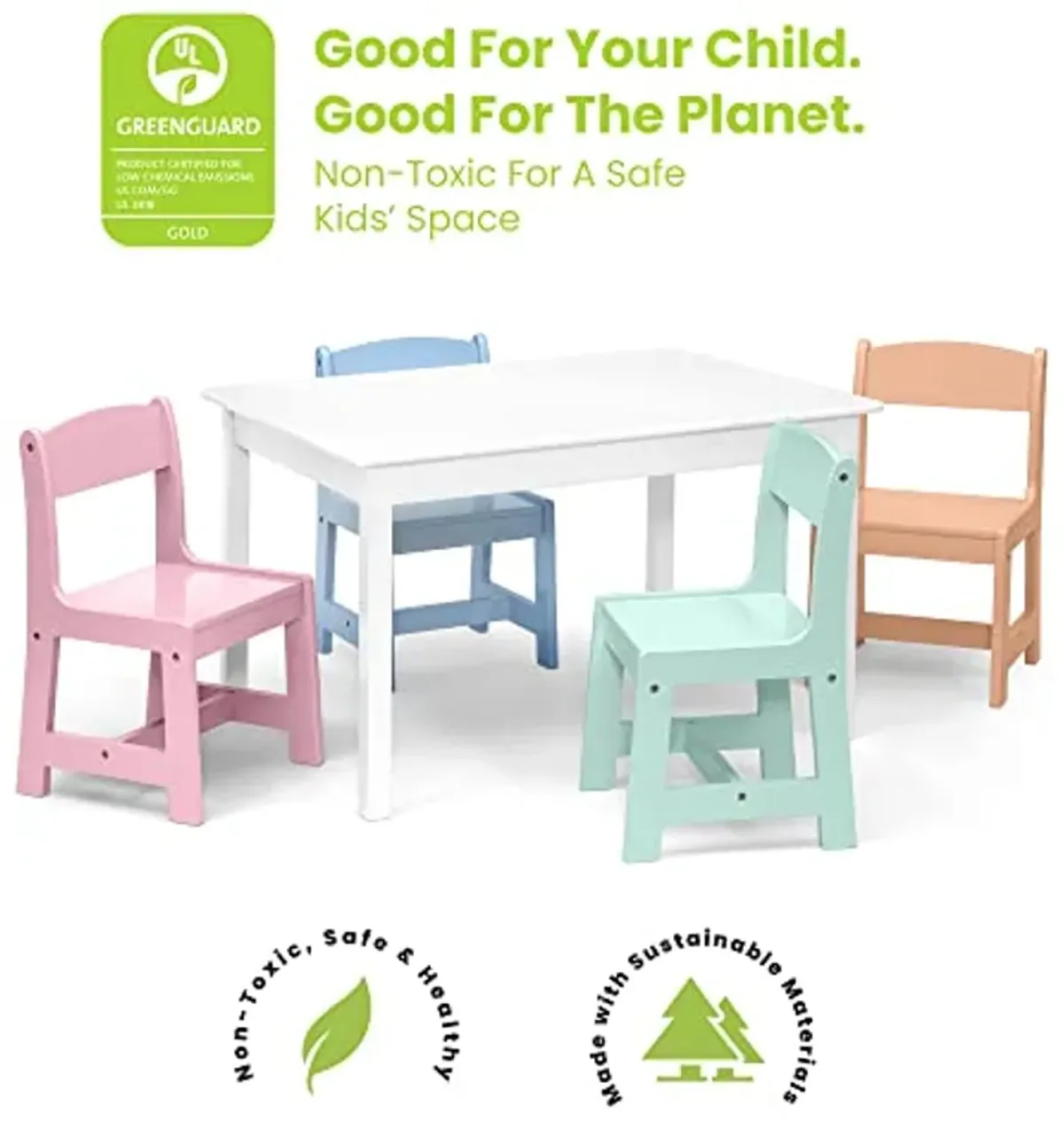 Delta Children MySize Kids Table with 4 Chairs, Bianca White/Pastel