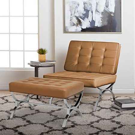 Studio Designs Newel Ottoman - Bonded Leather Ottoman with Tufted Cushion and Chrome Finish Frame - Woven Webbing Seat, Chrome/Caramel