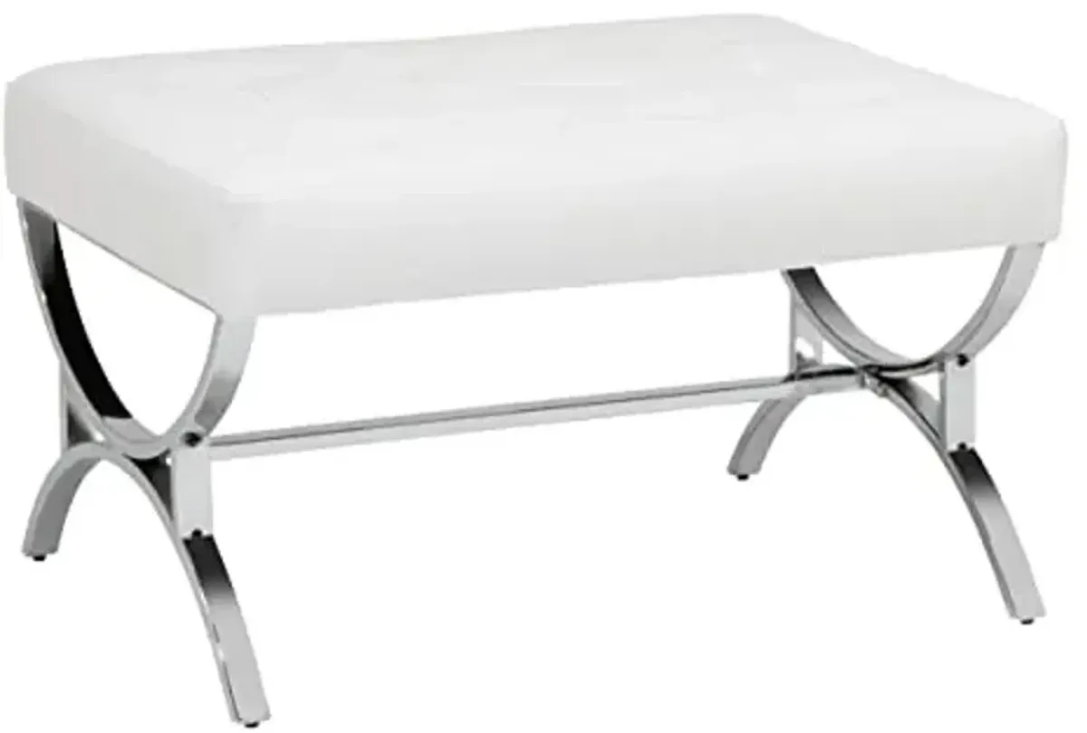 Studio Designs Home Newel Modern Square Ottoman Blended Leather and Metal Frame, Chrome/White