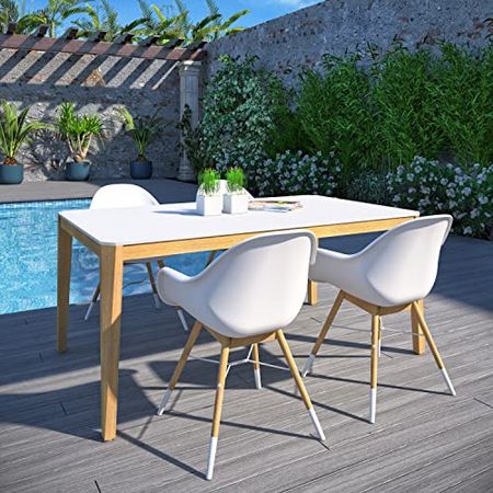 Amazonia Riso Rectangular Outdoor Dining Table | Teak Finish 100% FSC Eucalyptus | Ideal for Outdoors and Indoors (Big, White)