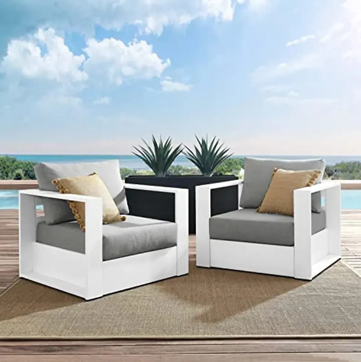 Modway Tahoe Fabric & Aluminum Outdoor Armchair in Gray/White (Set of 2)