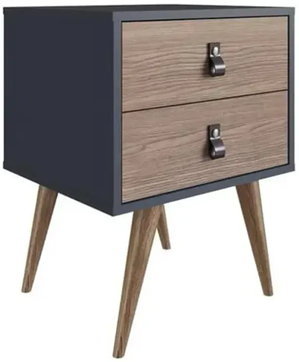 Manhattan Comfort Amber Nightstand with Faux Leather Button Handles, Midcentury Modern End Tables for The Bedroom and Living Room, Set of 1, Blue/Nature