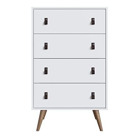 Manhattan Comfort Amber Tall Dresser with Faux Leather Button Handles, Midcentury Modern Chest of Drawers for Bedroom and Living Room, Set of 1, White