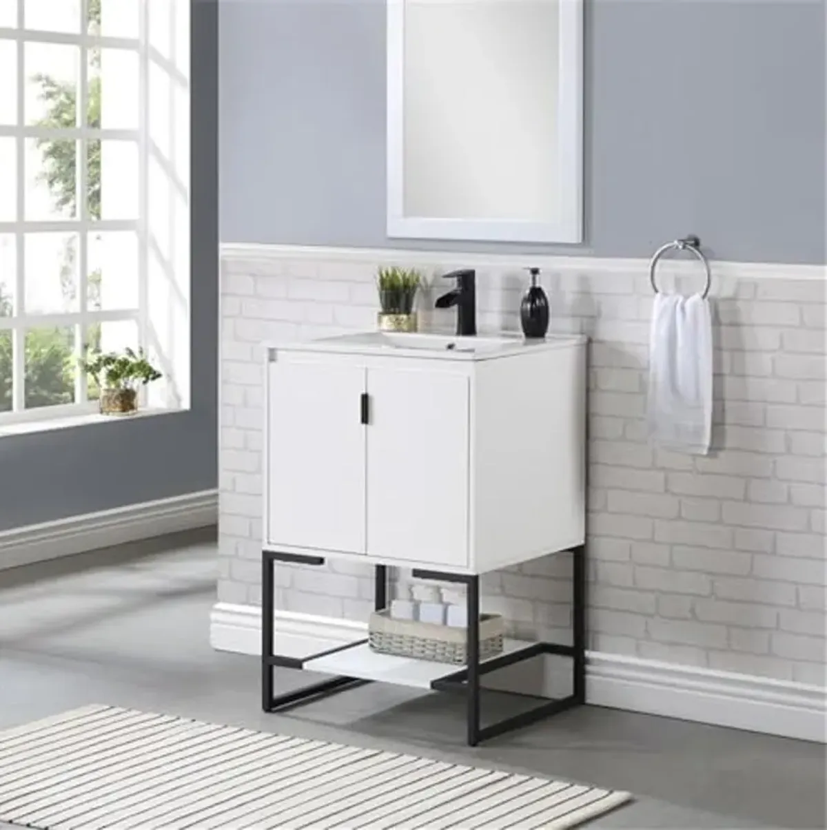 Manhattan Comfort Scarsdale Bathroom Vanity Sink with Storage a Compartment and Open Lower Shelf, 24 Inch, White