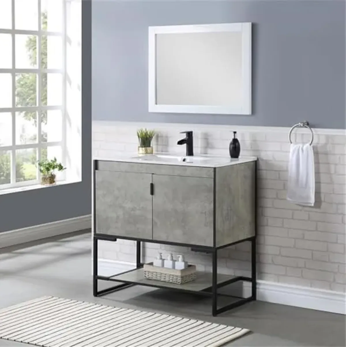 Manhattan Comfort Scarsdale Bathroom Vanity Sink with Storage a Compartment and Open Lower Shelf, 36 Inch, Grey