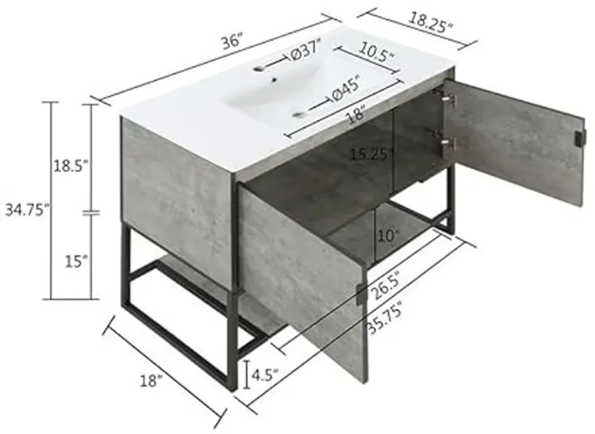 Manhattan Comfort Scarsdale Bathroom Vanity Sink with Storage a Compartment and Open Lower Shelf, 36 Inch, Grey