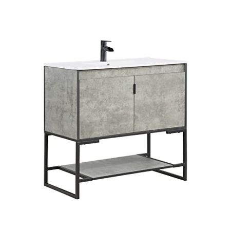 Manhattan Comfort Scarsdale Bathroom Vanity Sink with Storage a Compartment and Open Lower Shelf, 36 Inch, Grey