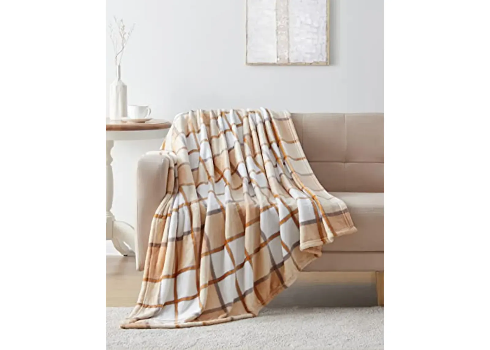 Tahari Home - Throw, Soft & Cozy Oversized Blanket, Plaid Design Home Decor (Michael Collection, Tan)