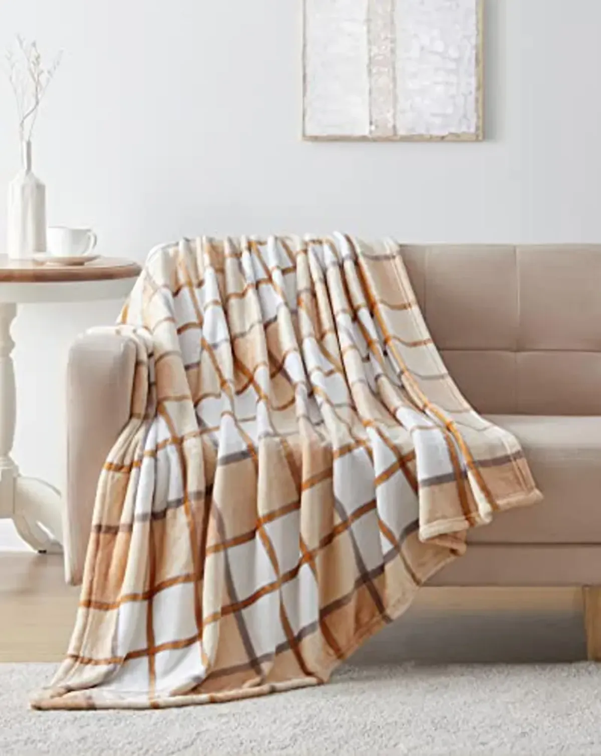 Tahari Home - Throw, Soft & Cozy Oversized Blanket, Plaid Design Home Decor (Michael Collection, Tan)