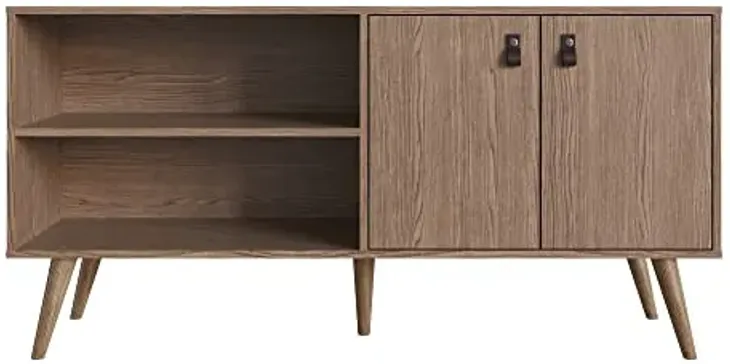 Manhattan Comfort Amber 53.7" TV Stand with Faux Leather Handles, Natural Brown
