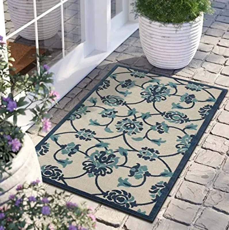 LR Home 2x3 Indoor/Outdoor Area Rug for Home Decor | Classic Floral Carpet Suitable for Living Room, Bedroom, Playroom, Patio, Garden | Durable Performance Farmhouse Rug | Blue/Multicolor