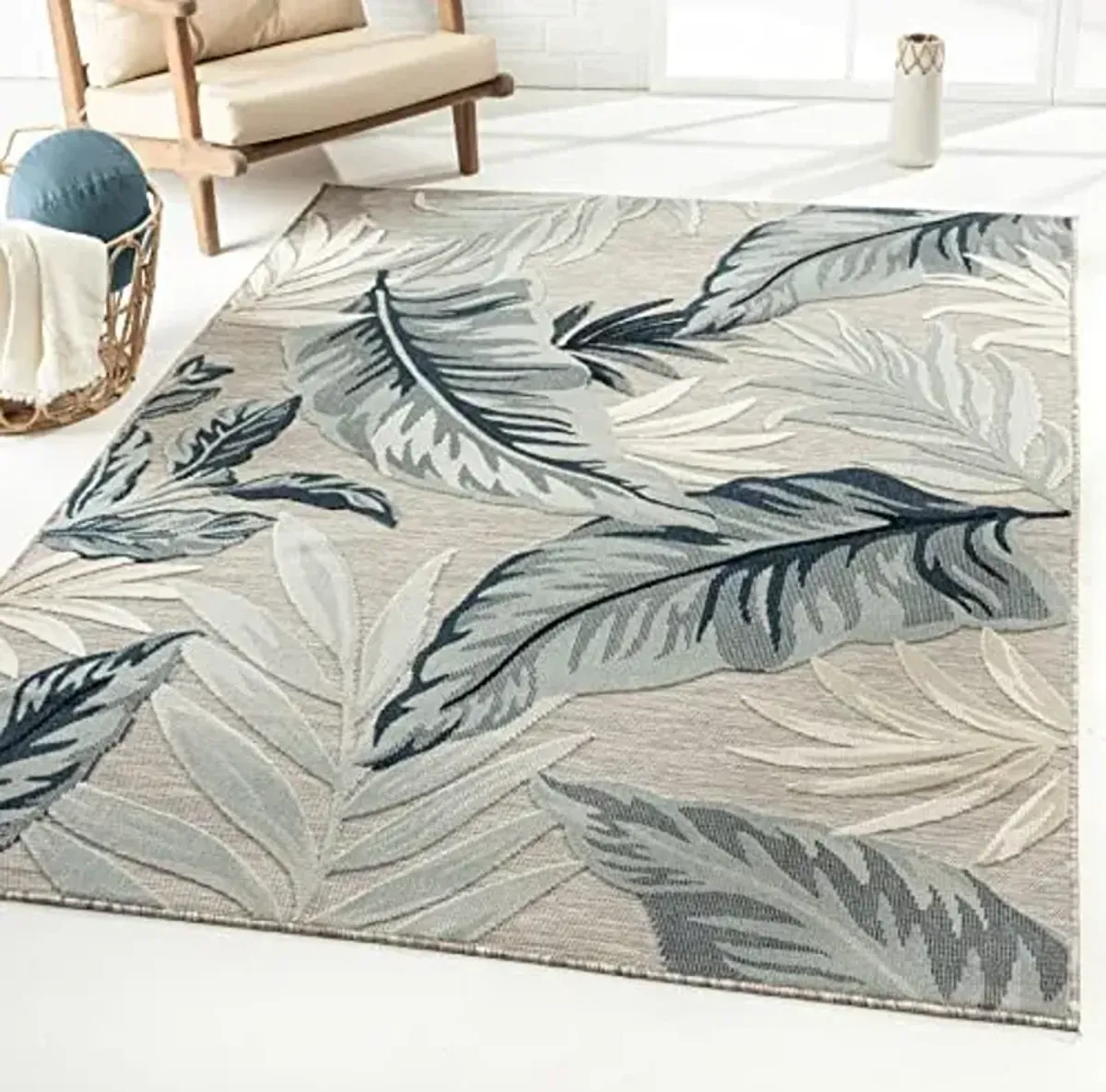 LR Home 5x7 Indoor/Outdoor Tropical Area Rug for Home Decor | Floral Farmhouse Carpet Suitable for Living Room, Bedroom, Playroom, Backyard, Patio, Garden | Gray/Blue