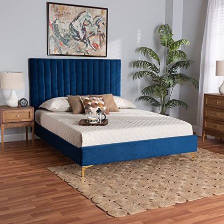 Baxton Studio Serrano Bed (Platform), Queen, Navy Blue/Gold