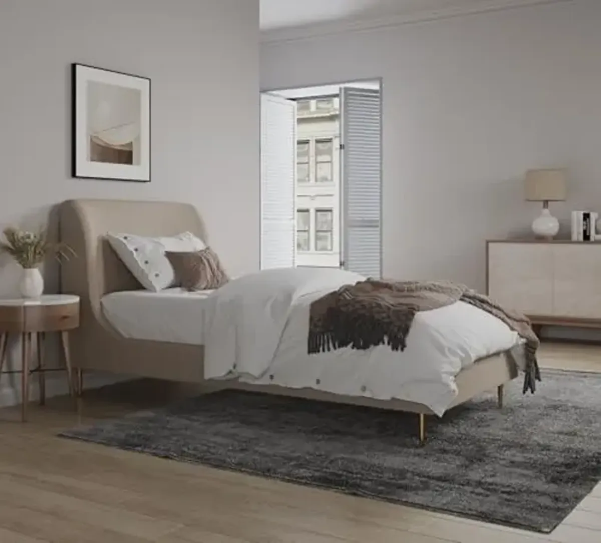 Manhattan Comfort Heather Twin Bed Frame with Headboard, Luxurious Velvet Upholstery, Curved Wingback Headrest, Mid Century Modern Design, No Box Spring Required, Slats Included, Taupe