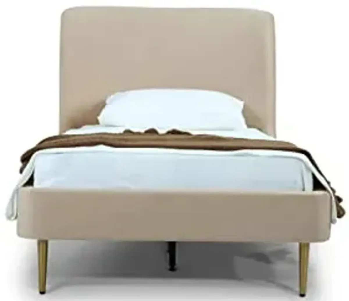 Manhattan Comfort Heather Twin Bed Frame with Headboard, Luxurious Velvet Upholstery, Curved Wingback Headrest, Mid Century Modern Design, No Box Spring Required, Slats Included, Taupe