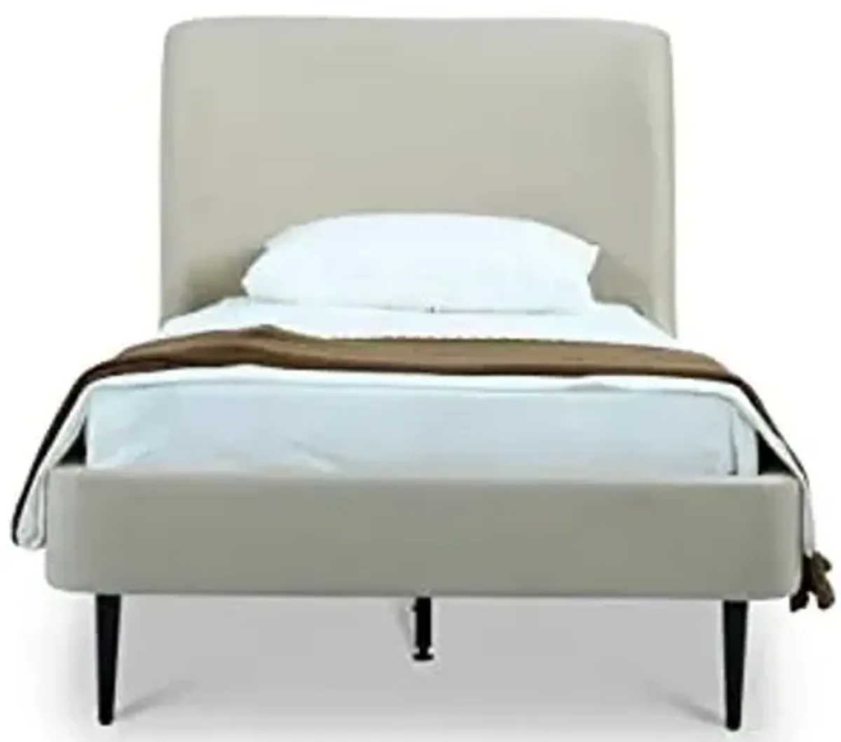 Manhattan Comfort Heather Twin Size Bed Frame with Headboard Upholstered in Velvet with Mid-Century Modern Tapered Black Legs, Slats and Center Support Included, No Box Spring Required, Cream