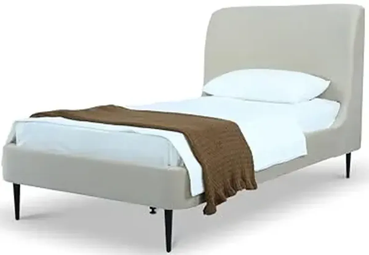 Manhattan Comfort Heather Twin Size Bed Frame with Headboard Upholstered in Velvet with Mid-Century Modern Tapered Black Legs, Slats and Center Support Included, No Box Spring Required, Cream