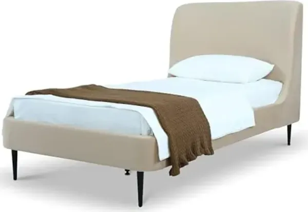 Manhattan Comfort Heather Twin Size Bed Frame with Headboard Upholstered in Velvet with Mid-Century Modern Tapered Black Legs, Slats and Center Support Included, No Box Spring Required, Taupe
